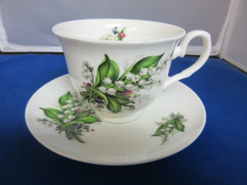 insulated coffee mugs for outdoor activities-York English Bone China Lily of the Valley Teacups and Saucers Set of 2