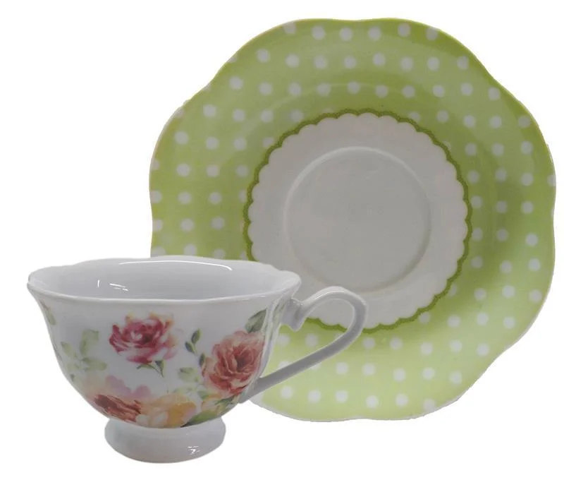 high-quality ceramic coffee cups-Cabbage Rose Porcelain Teacups and Polka Dot Green Saucers Set of 6