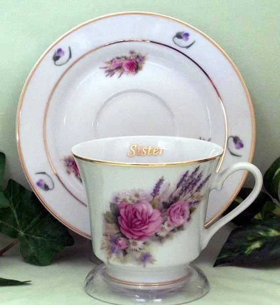 luxury ceramic mugs for collectors-Sister Personalized Porcelain Tea Cup (teacup) and Saucer