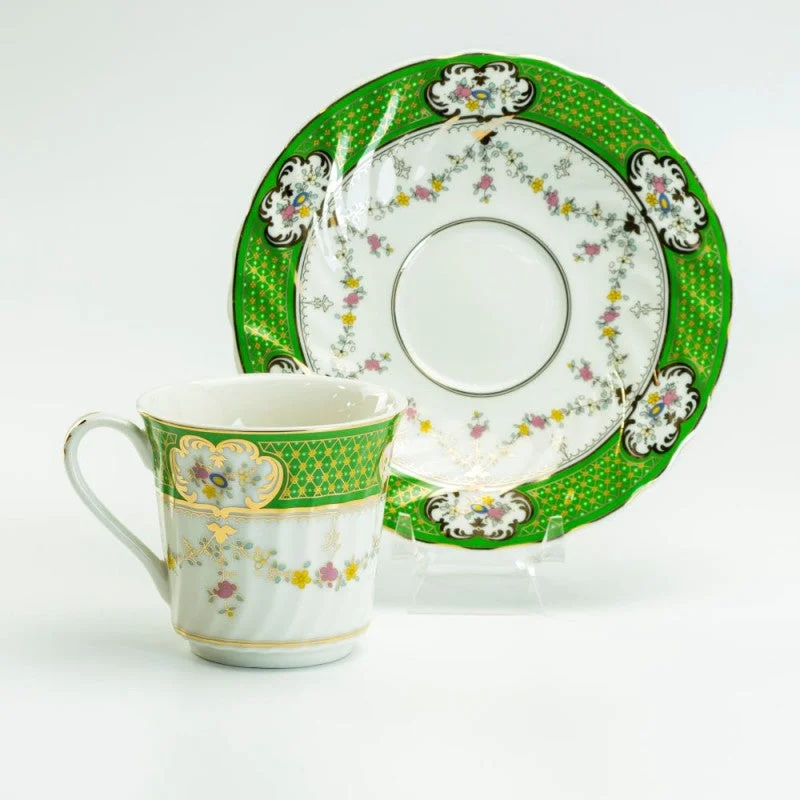 high-quality ceramic travel mugs-Gorgeous Green Gold Swag Porcelain Tea Cups Teacups and Saucers Set of 2