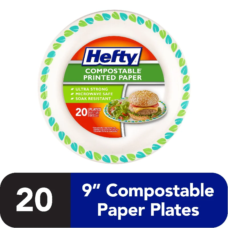 dinnerware for modern kitchens-Hefty Compostable Printed Paper Plates, 8.6 inch, 20 Count