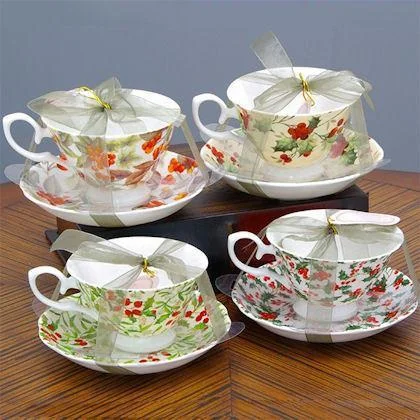 stylish travel cups for hot drinks-Set of 4 Bone China Holiday Tea Cups