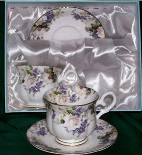 creative coffee mugs with designs-White Roses and Lilacs Bone China Teacups and Saucers Gift Boxed Set of 2