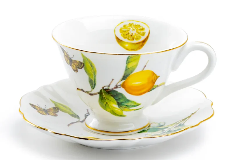 large coffee mugs for coffee lovers-Lemon Slice Butterfly Fine Porcelain Teacups Tea Cups and Saucers - Set of 4