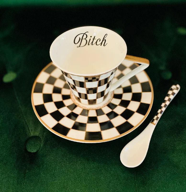 best travel mugs for iced tea-Bitch | vulgar vintage style floral black checkered china tea cup with matching saucer and spoon