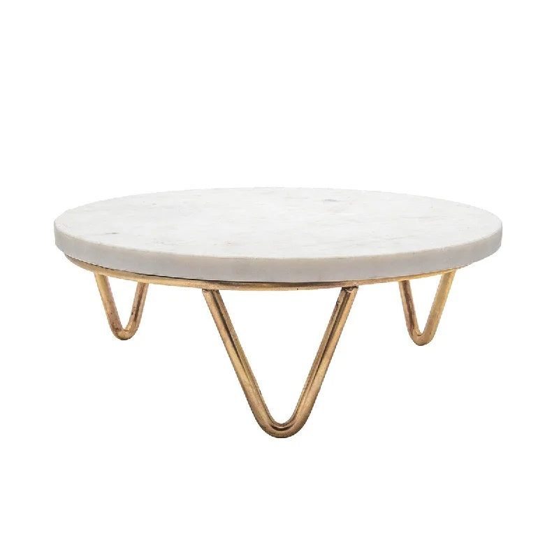 fancy dinner plates with elegant designs-Lg. Marble & Brass V-Base Trivet/Cake Plate 13"Dia -ST