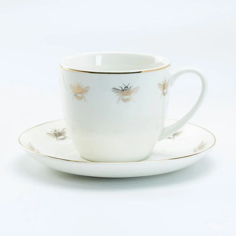 unique travel coffee mugs for work-Gold Bee Tea Cup and Saucer Set of 2