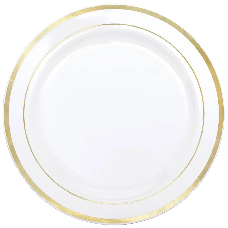 luxury plates with intricate designs-WHITE PREMIUM PLASTIC PLATES WITH GOLD TRIM