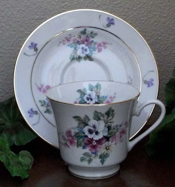 funny mugs for holiday gifts-Catherine Porcelain Tea Cup and Saucer Set of 2 - Bouquet of Pansies