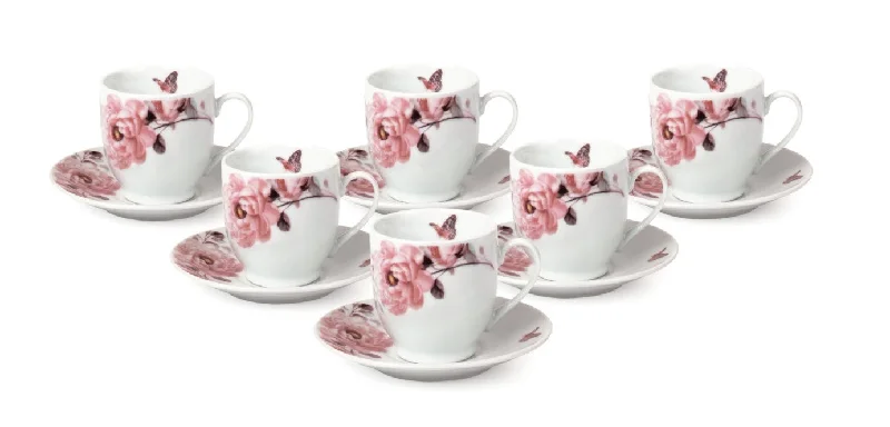 reusable coffee mugs for eco-conscious individuals-Pink Butterfly Gift Boxed Set of 6 Fine Porcelain Demi Tea Cups with Saucers