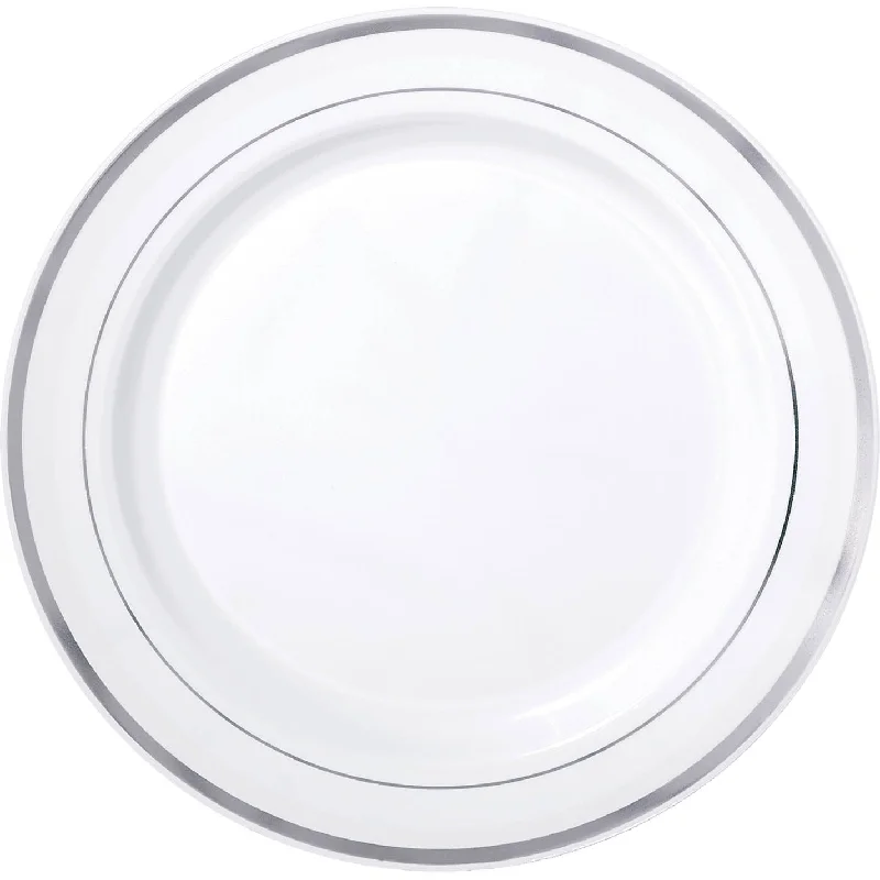 colorful plates for dinner parties-WHITE PREMIUM PLASTIC PLATES WITH SILVER TRIM