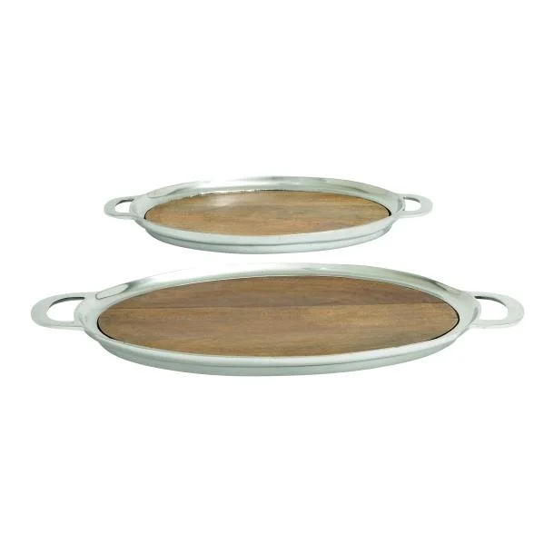 dinner plates with matching mugs and bowls-Serving Tray Restoration Oval Wood & Aluminum 17"L