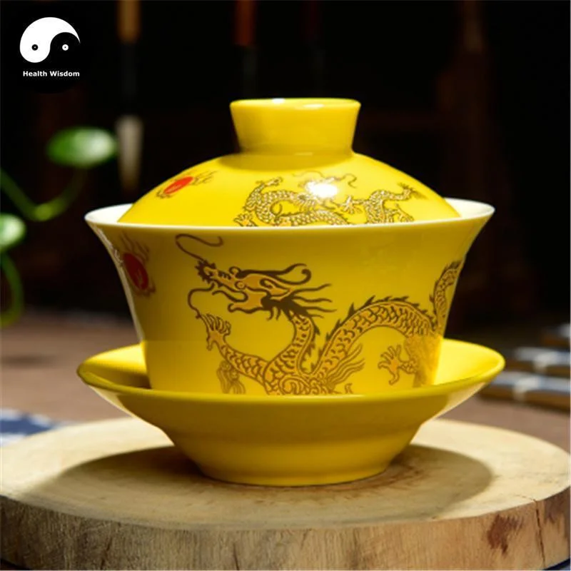 high-quality ceramic travel mugs-Ceramic Gaiwan Tea Cup 200ml 盖碗,Yellow Dragon