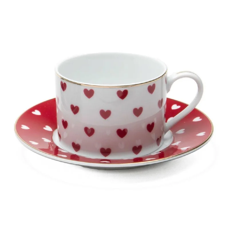 double wall coffee mugs for hot drinks-Red Heart Porcelain Teacups and Saucers Set of 2