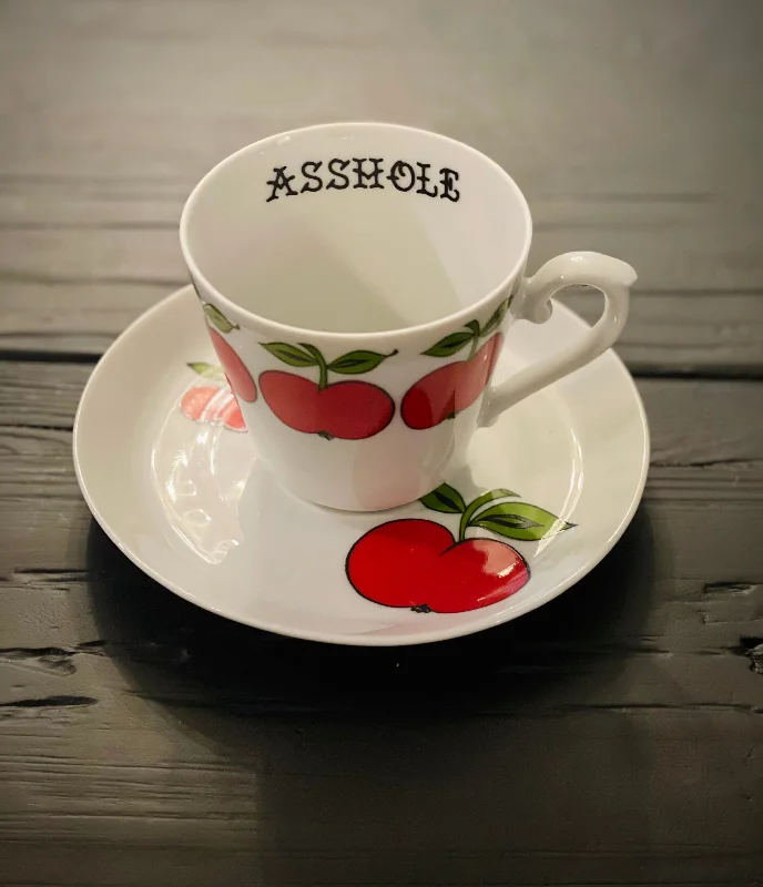 double wall travel mugs for commuting-ASSHOLE | vulgar vintage midmod apple tea cup and saucer