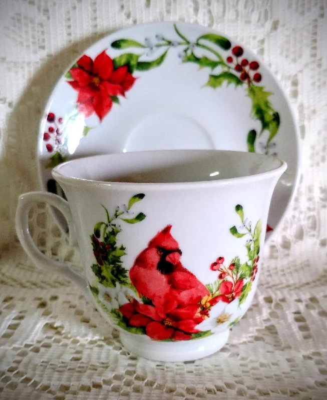 unique mugs with pop culture designs-Cardinal Poinsettia and Holly Berry Porcelain Teacups Tea Cups and Saucers Set of 6