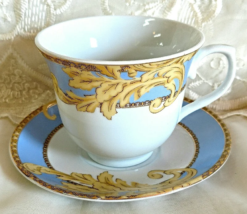 cute travel mugs for morning coffee-Set of 6 Blue and Gold Flourish Wholesale Tea Cups and Saucers in Gift Box - Limited Stock!