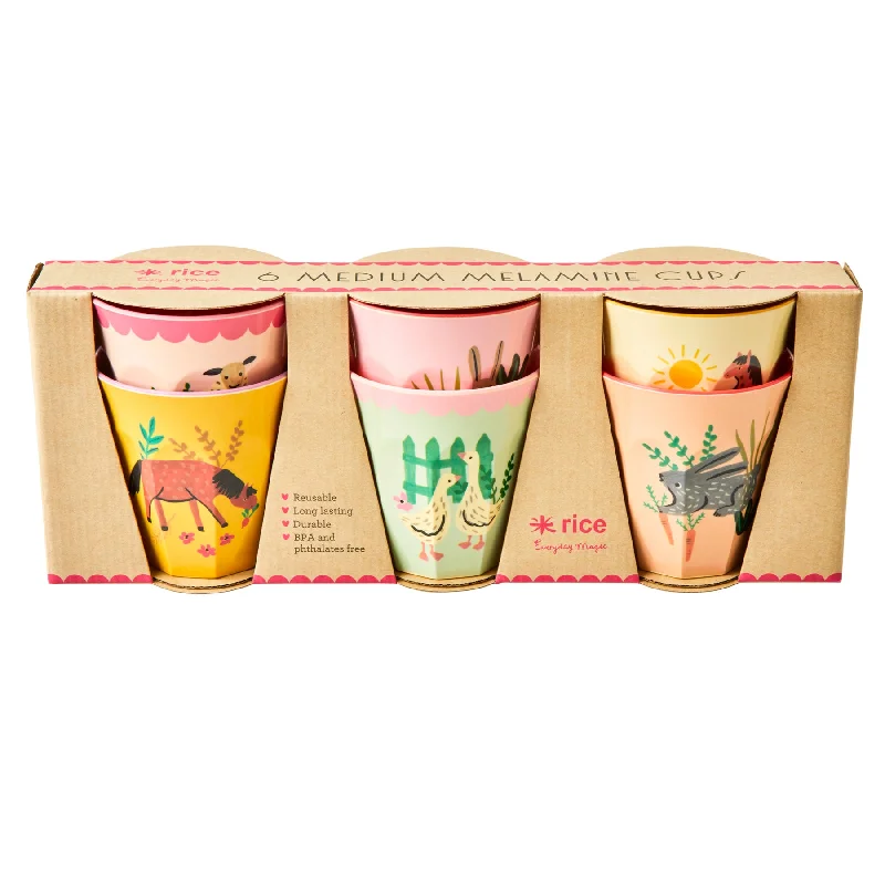 unique travel mugs for coffee lovers-Rice DK Melamine Cups with Assorted Pink Farm Prints - Medium - 6 pcs - Giftbox