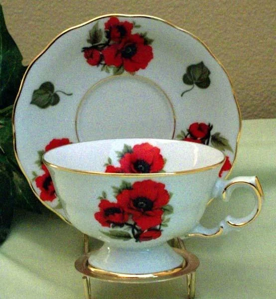 cute travel mugs for morning coffee-Laurel Red Poppy Porcelain Tea Cups (Teacups) and Saucers Set of 2