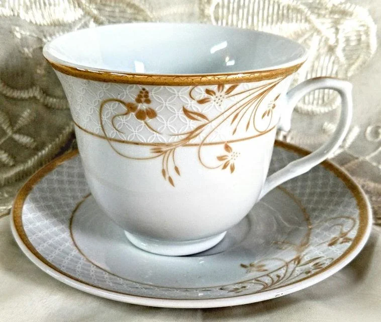 unique ceramic mugs for home use-Set of 4 Rosalia Bulk Wholesale Tea Cups (Teacups) and Saucers – Elegant Gold Floral Design