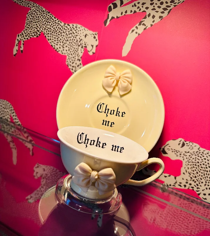 personalized mugs for holidays-Choke me  | vulgar vintage style yellow tea cup and saucer with 3d bow