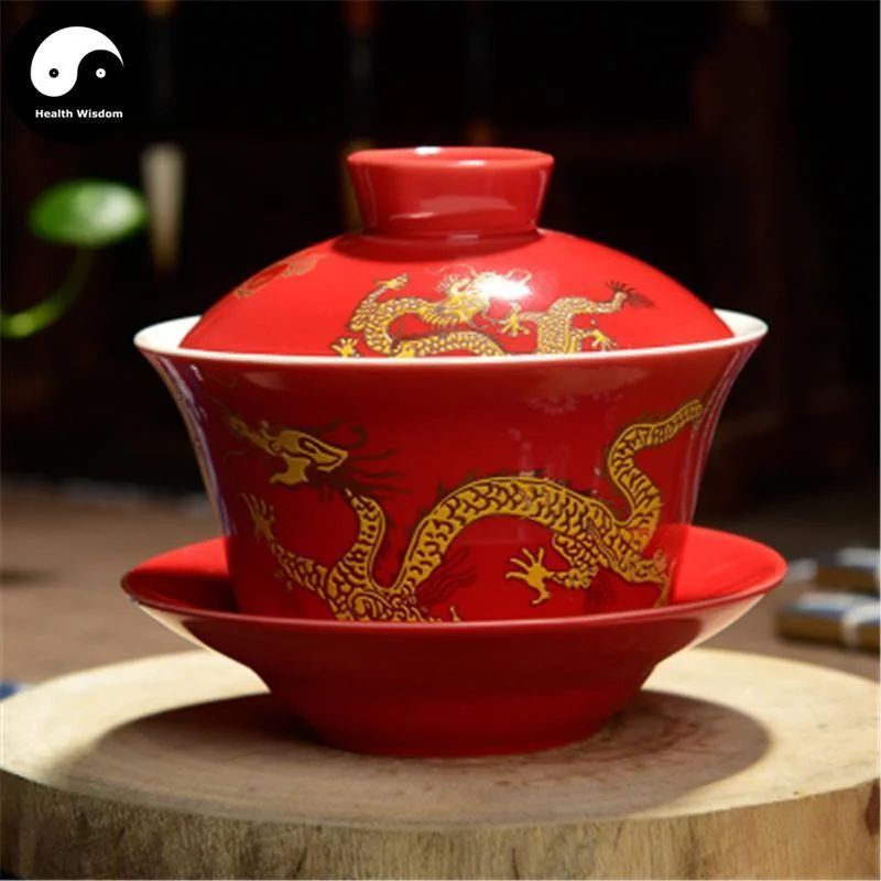 cute travel mugs for morning coffee-Ceramic Gaiwan Tea Cup 200ml 盖碗,Big Red Dragon