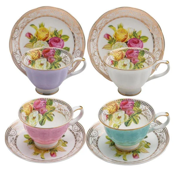 high-quality mugs for gifts-4 Assorted Colors Rose Bouquet Demi Tea Cups and Saucers in Gift Box