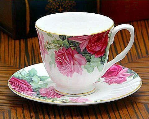 unique mugs for coffee shops-Pink English Rose Bone China Tea Cup (Teacup) and Saucer  Set of 4