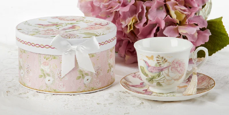 custom coffee cups for special events-Gift Boxed Teacup and Saucer - English Rose Birds and Hydrangea - Limited!