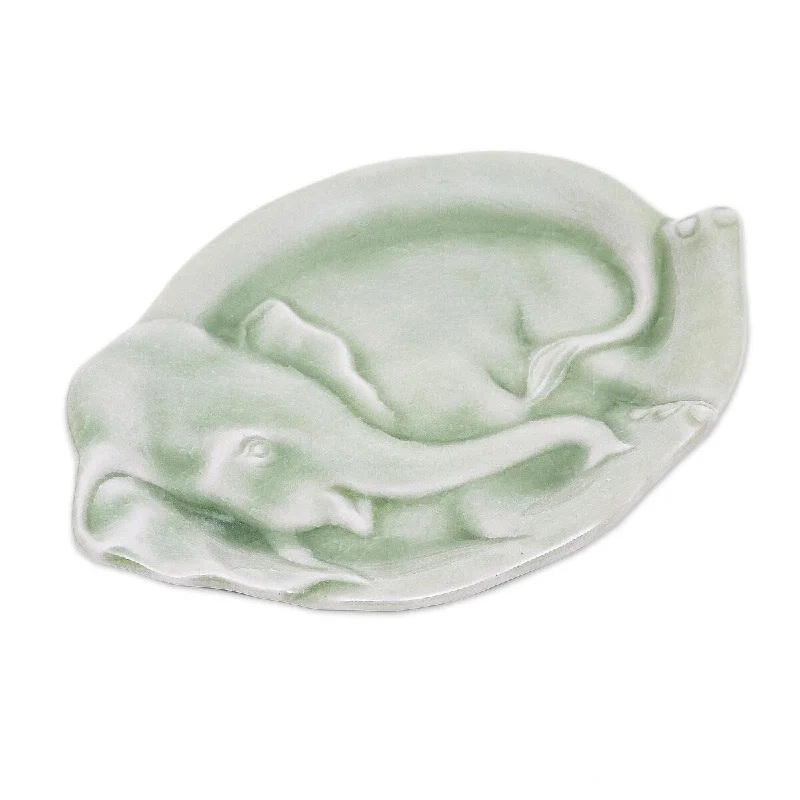 unbreakable plastic dinnerware set-Novica Handmade Elephant At Rest In Green Celadon Ceramic Plate