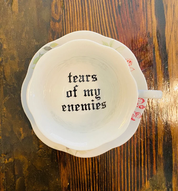 unique coffee mugs for family gatherings-Tears of my enemies | vulgar vintage style floral tea cup with saucer