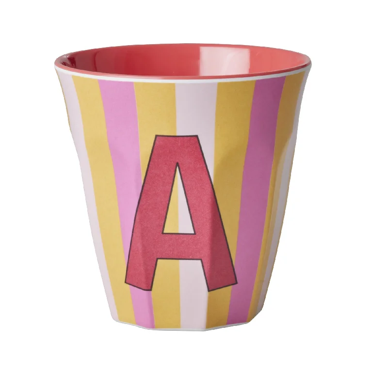 travel mugs with handles for easy carry-Rice DK Melamine Cup with The Letter A - Stripes Pinkish - Medium - 250ml