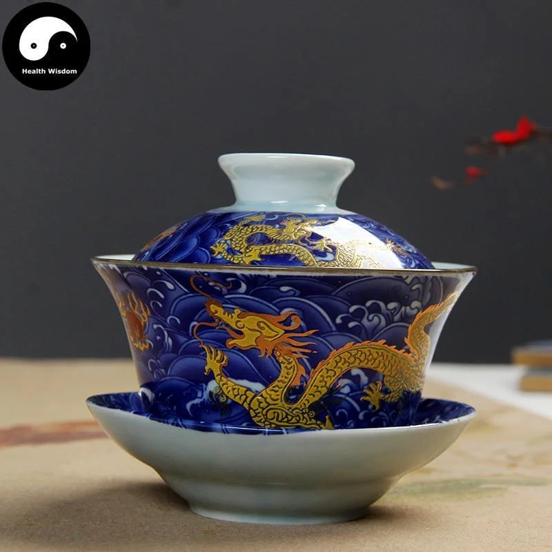 eco-friendly tea mugs for home-Ceramic Gaiwan Tea Cup 200ml 盖碗,Blue Dragon