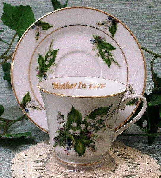 funny coffee cups for coworkers-Mother in Law Personalized Porcelain Tea Cup (teacup) and Saucer - Hand Decorated in the USA