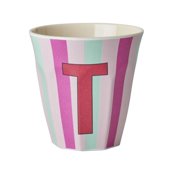 personalized coffee mugs for weddings-Rice DK Melamine Cup with The Letter T - Stripes Pinkish - Medium - 250 ml