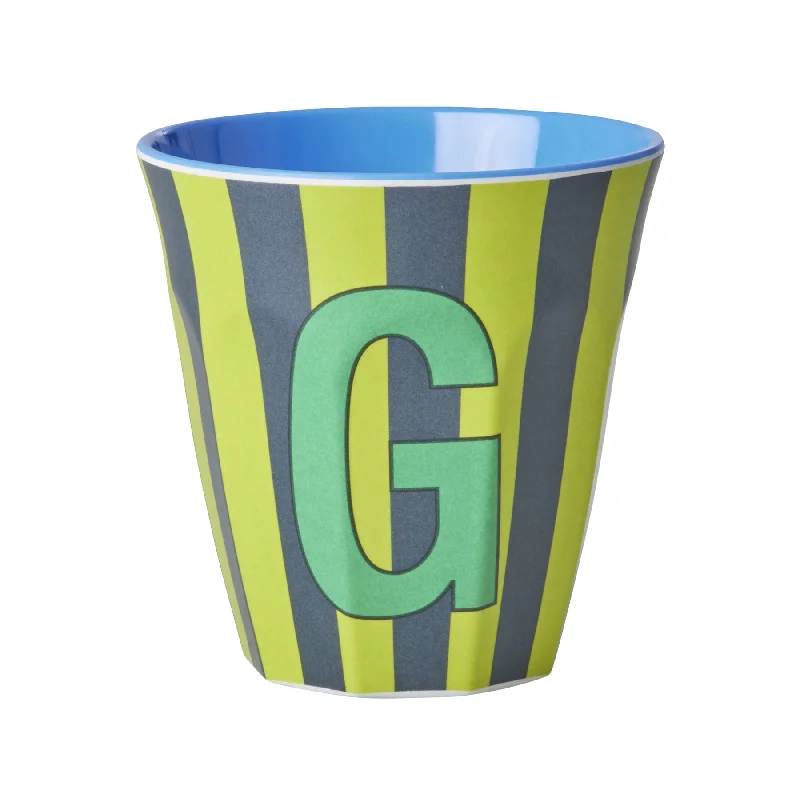 custom ceramic mugs for restaurants-Rice DK Melamine Cup with The Letter G - Stripes Blueish - Medium - 250ml