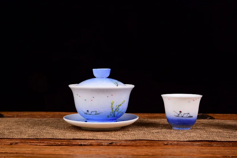 high-quality travel mugs for coffee drinkers-Life on the River Jingdezhen Porcelain Gaiwan and Cups