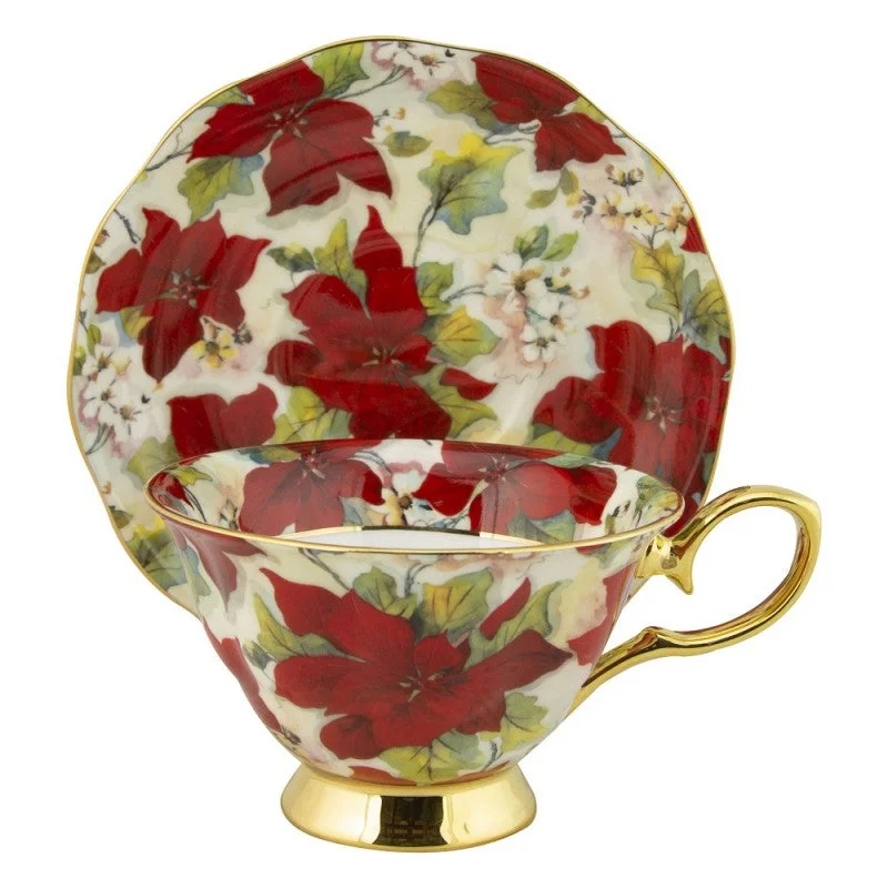 custom mugs for special events-Gold Poinsettia Chintz Fine Bone China Teacup with Saucer