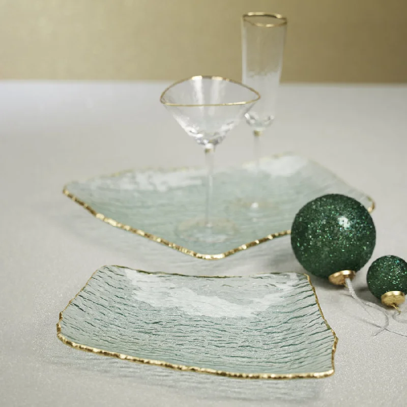 stylish dinnerware for outdoor gatherings-Textured Rectangular Organic Shape Plate w/Jagged Gold Rim