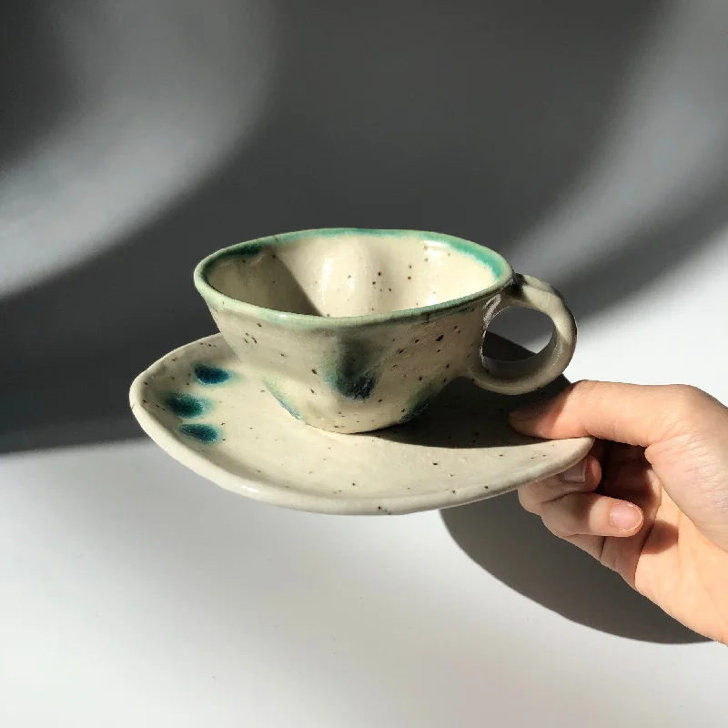 funny coffee mugs for best friends-Hiroshi Hirai: Heart Shaped Cup & Saucer Set, Green Accents