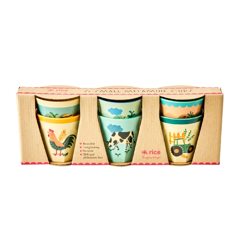 funny coffee cups with retro designs-Rice DK Melamine Cups with Assorted Blue Farm Prints - Small - 6 pcs - Giftbox