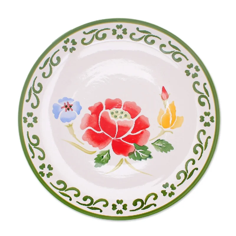 dinner plates with matching mugs and bowls-Novica Handmade Poppy Garden In Green Ceramic Dinner Plate