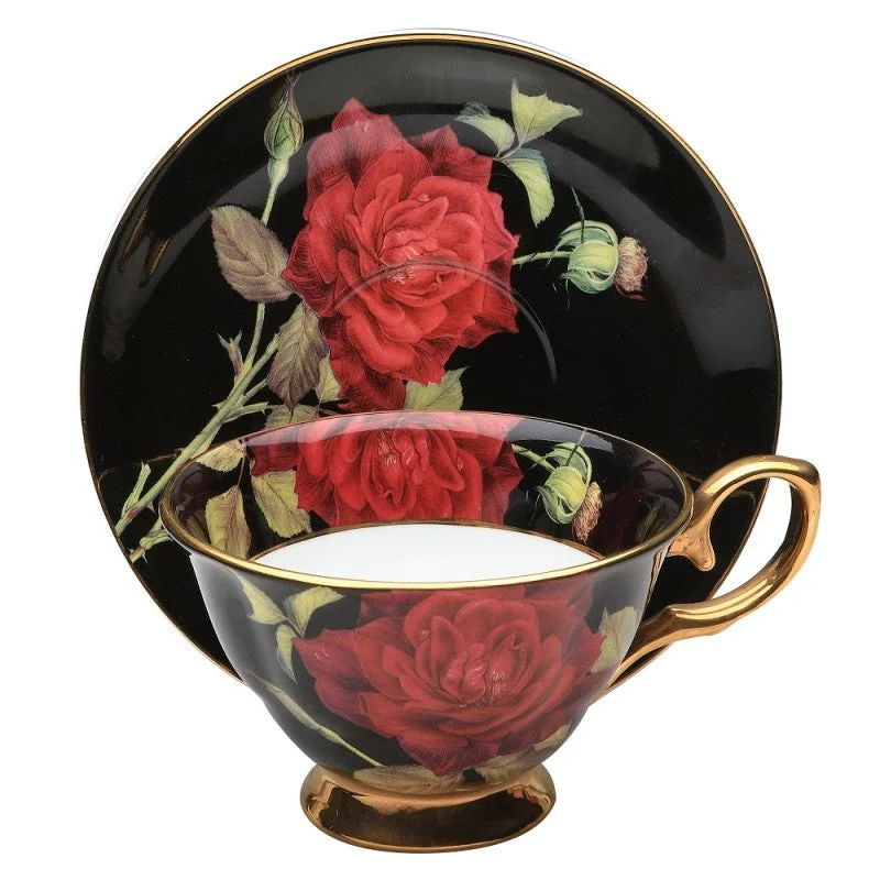 thermal coffee mugs for outdoor use-Ravishing Red Rose on Black Fine Bone China Teacup and Saucer