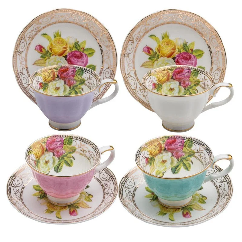 ceramic coffee mugs for special occasions-Exquisite Rose Bouquet Tea Cups Teacups and Saucers Set of 4 Boxed 4 Assorted Colors