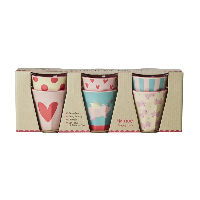 best coffee mugs for the office kitchen-Rice DK Melamine Cups with Flying Pig Prints - Small - 6 Pack - 160 ml