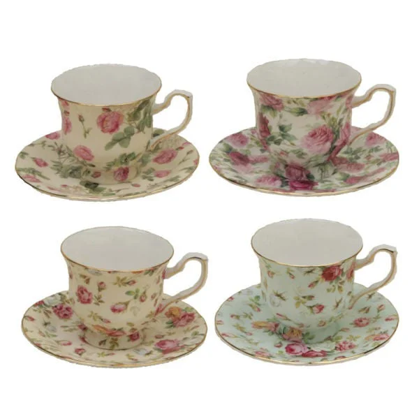 unique travel coffee mugs with lids-Children's Rose Chintz Demi Teacups Tea Cups and Saucers Set of 4