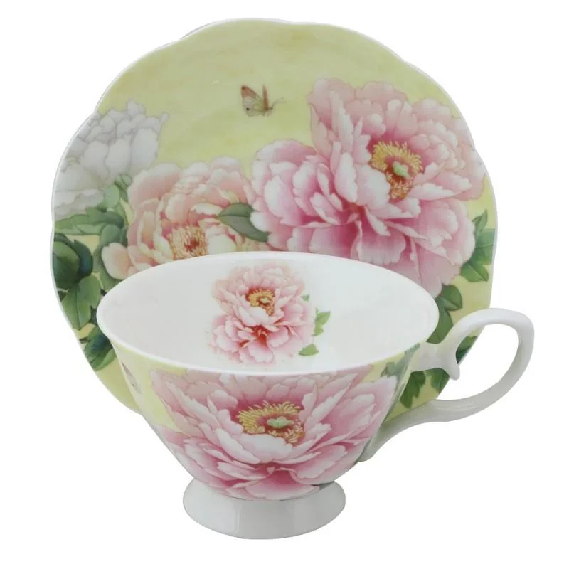 cute travel mugs for coffee lovers-Empire Peony Bone China Tea Cup and Saucer Set of 4