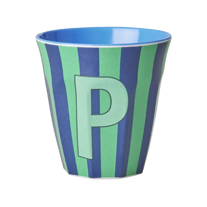 best mugs for tea breaks at work-Rice DK Melamine Cup with The Letter P - Stripes Blueish - Medium - 250ml