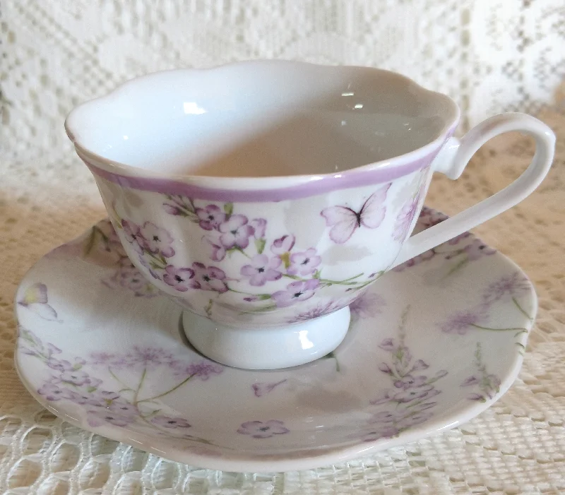 unique coffee mugs for gift giving-Lovely Lavender Floral Fine Porcelain Teacups and Saucers Case of 24