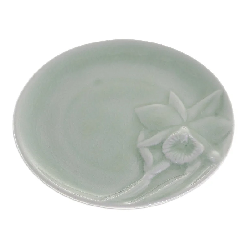 colorful dinnerware for festive occasions-Novica Handmade Lanna Orchid Celadon Ceramic Dessert Plate